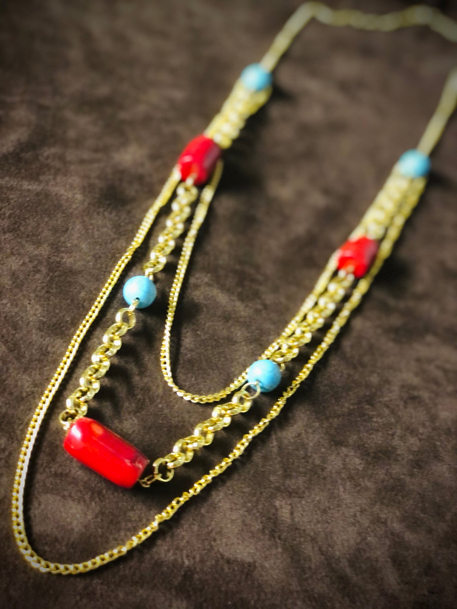 Coral & Turquoise Gold 3 Layer Necklace